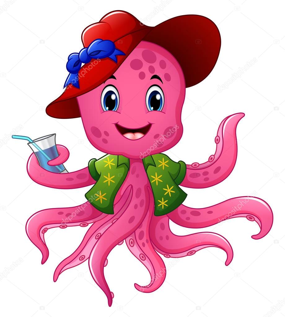 Cartoon octopus in summer hat