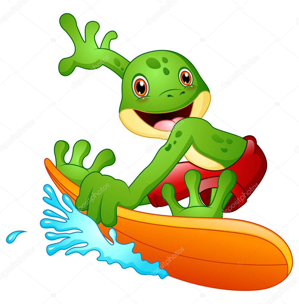 Cartoon frog surfing