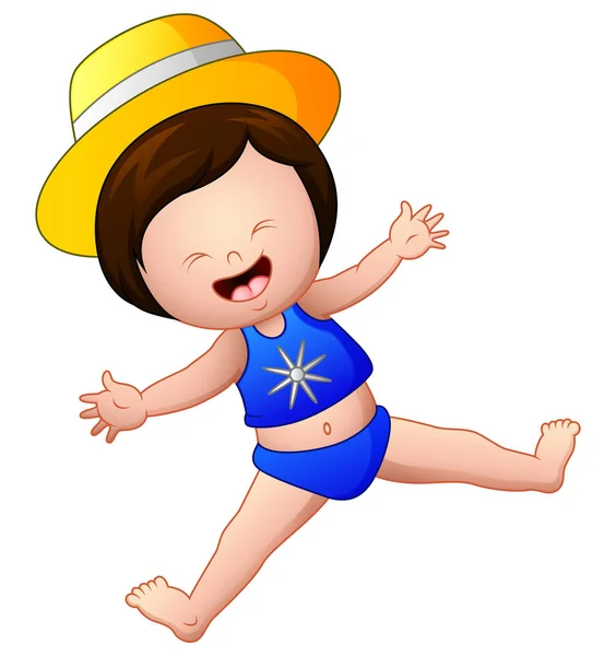 Happy little girl in blue swimsuit jump — Stock Vector