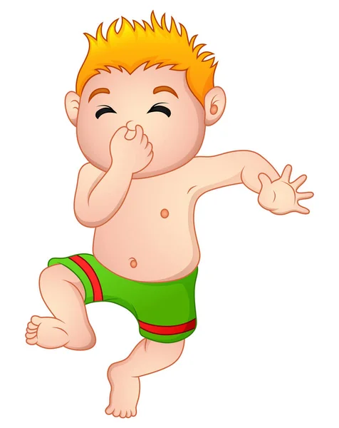 Funny little boy in swimsuit holding his nose — Stock Vector