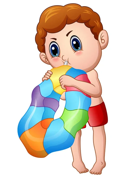 Lindo niño soplando un anillo inflable — Vector de stock