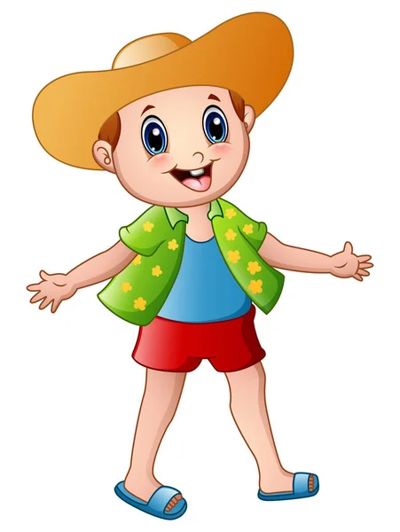 Gelukkige jongen cartoon met zomer kleding en een hoed — Stockvector