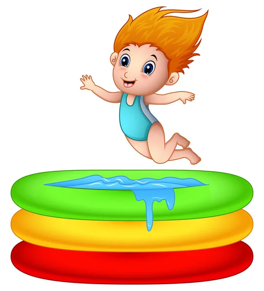 Chica de dibujos animados saltando una piscina inflable — Vector de stock