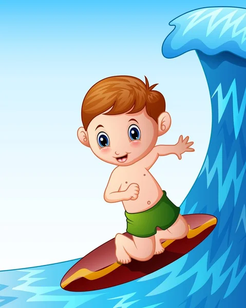 Cartoon kleiner Junge spielt Surfbrett auf dem Meer — Stockvektor