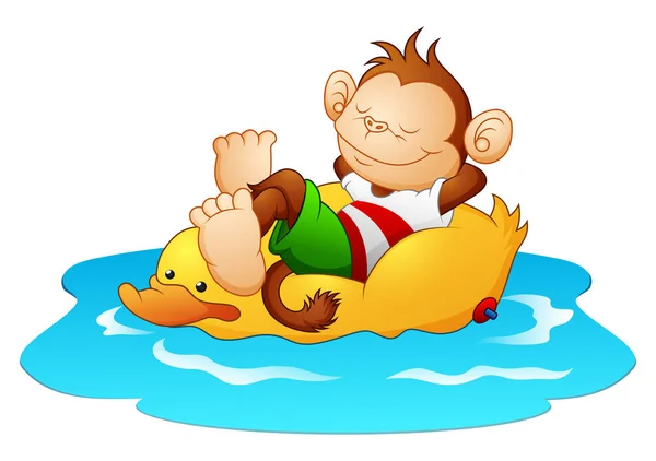 Мультфильм обезьяна расслабляется на утку спасательный буй в воде — стоковый вектор