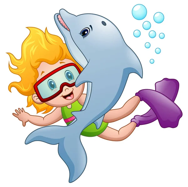 Chica feliz snorkel con un delfín — Vector de stock