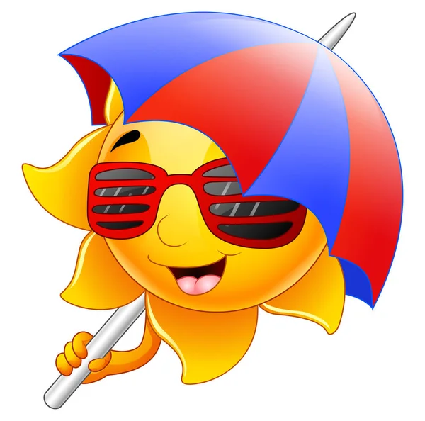 Cartone animato personaggio sole con occhiali da sole e ombrello — Vettoriale Stock