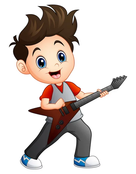 Dessin animé garçon jouer guitare électrique — Image vectorielle