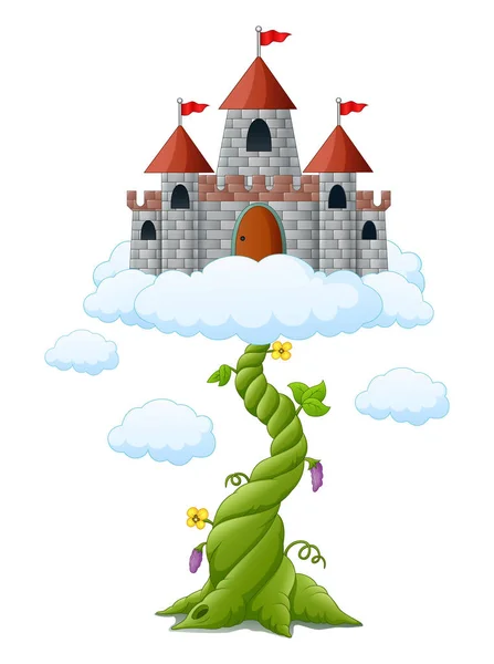 Cartoon bean sprout met kasteel in de wolken — Stockvector