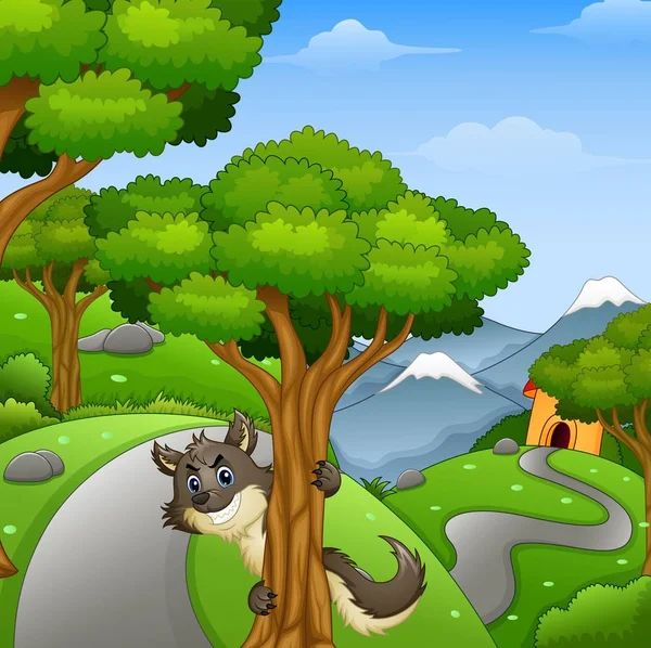 Cartoon wolf loer in het bos weg — Stockvector