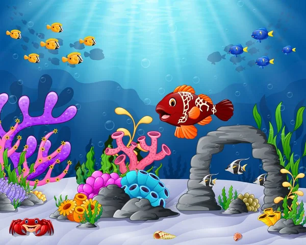 Ikan tropis kartun dengan Dunia Bawah Air yang Indah Stok Vektor