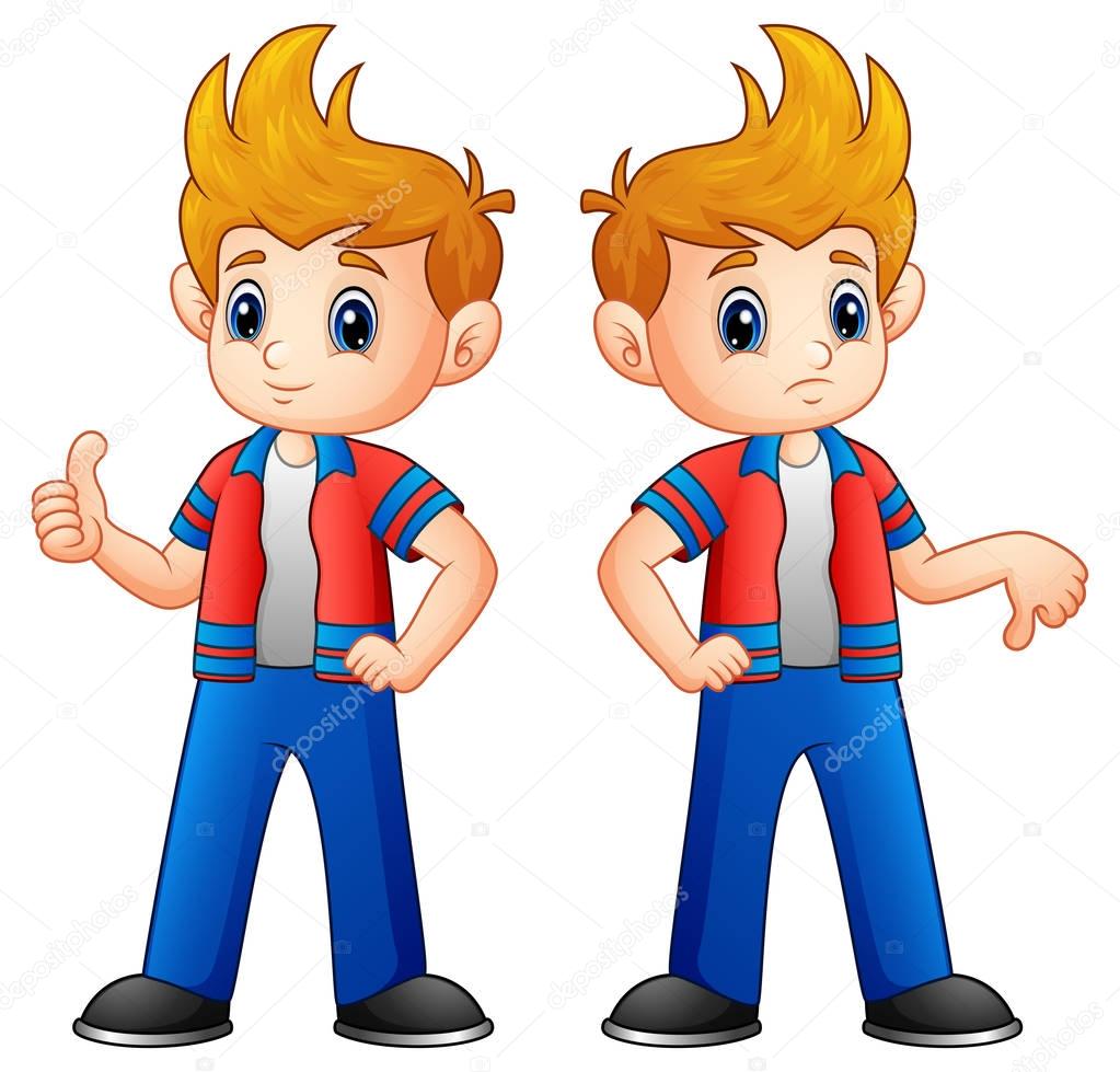 Cartoon boy showing thumbs up and down
