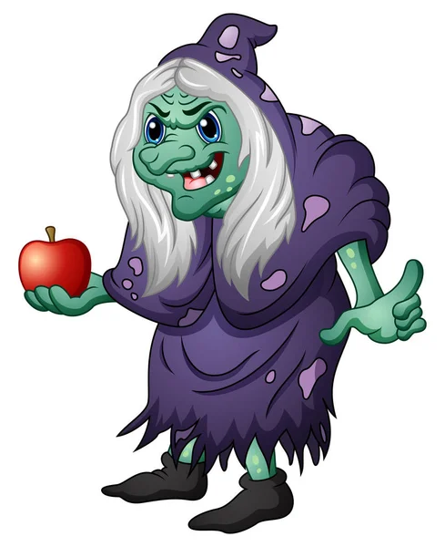 Old evil witch holding an apple — Stock Vector