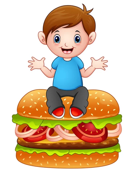 Desen animat băiețel așezat pe un hamburger mare — Vector de stoc
