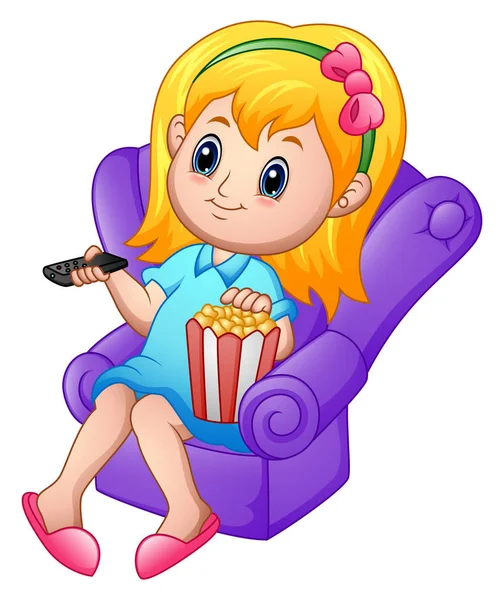 Fille assise sur un canapé regarder un film et manger du pop-corn — Image vectorielle