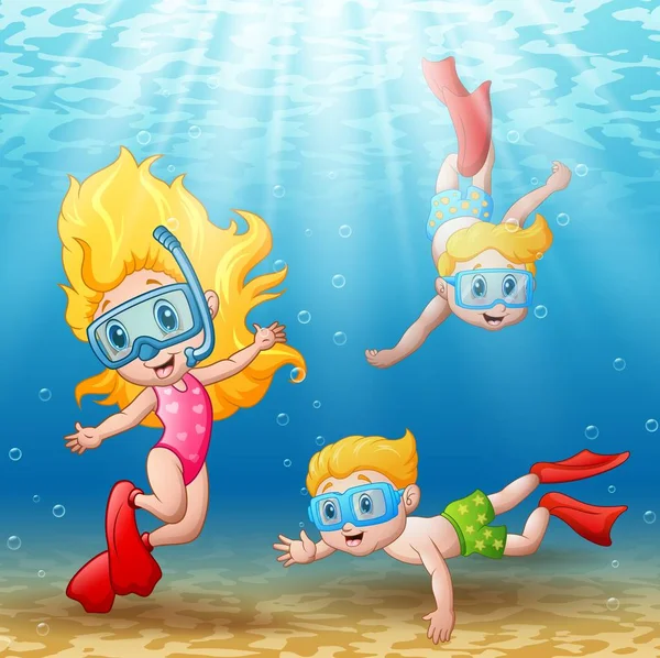 Three kids swimming and diving underwater — Stock Vector