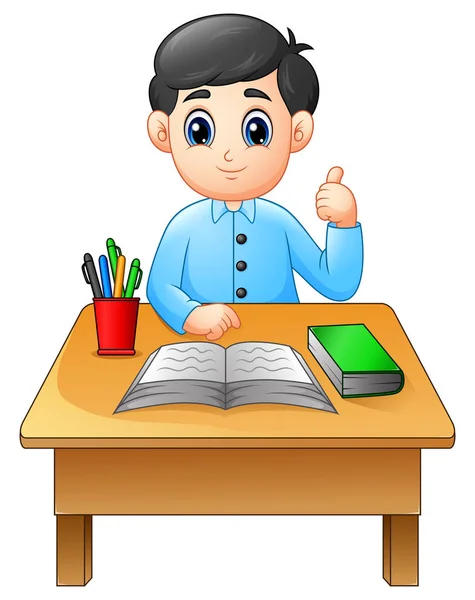 Kreslený chlapec učení u stolu dát palec — Stockový vektor