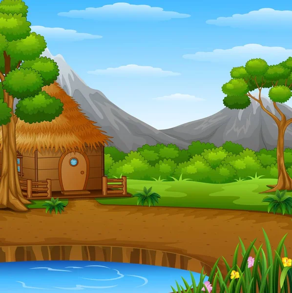 Cartoon woods cabin in the mountains landscape background — Stock Vector
