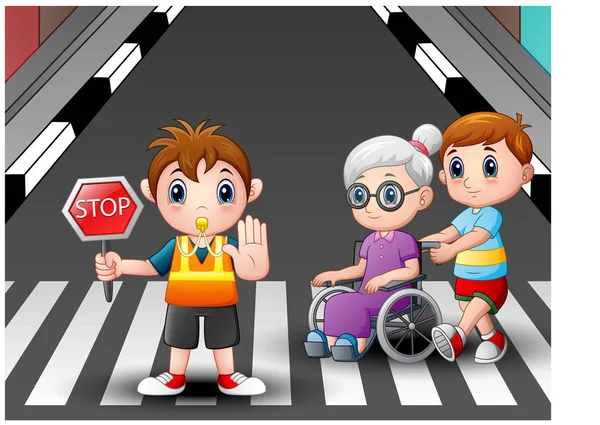 Caricatura flagger y niño ayuda a la abuela en silla de ruedas cruzar la calle — Archivo Imágenes Vectoriales