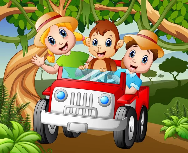Bambini felici alla guida di una macchina con una scimmia nella foresta — Vettoriale Stock