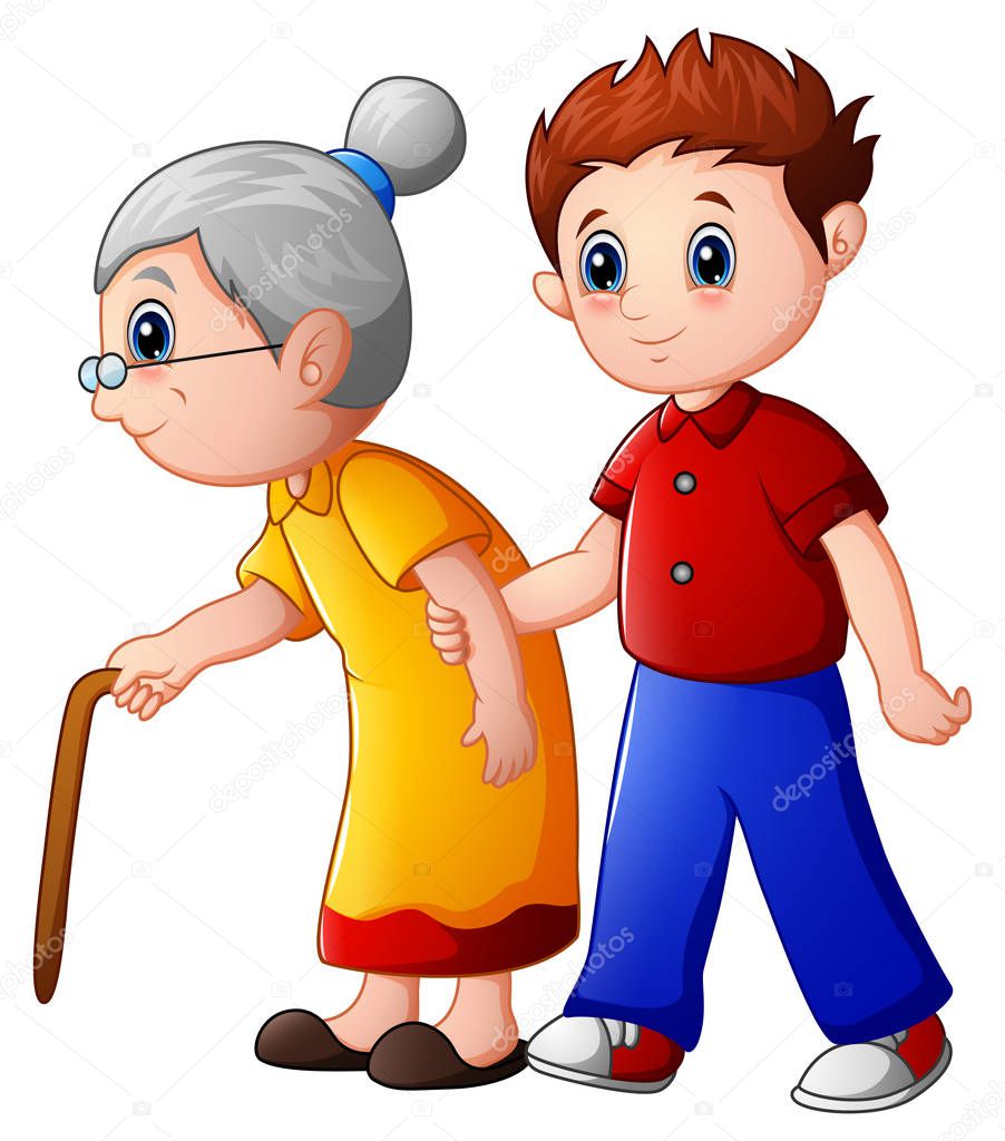 Boy helps old lady and helping her to walk with her cane