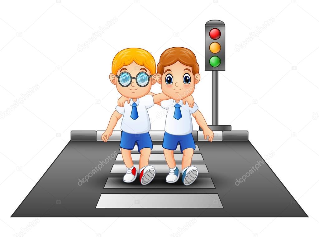 Cartoon schoolboys in a school uniform crossing the street
