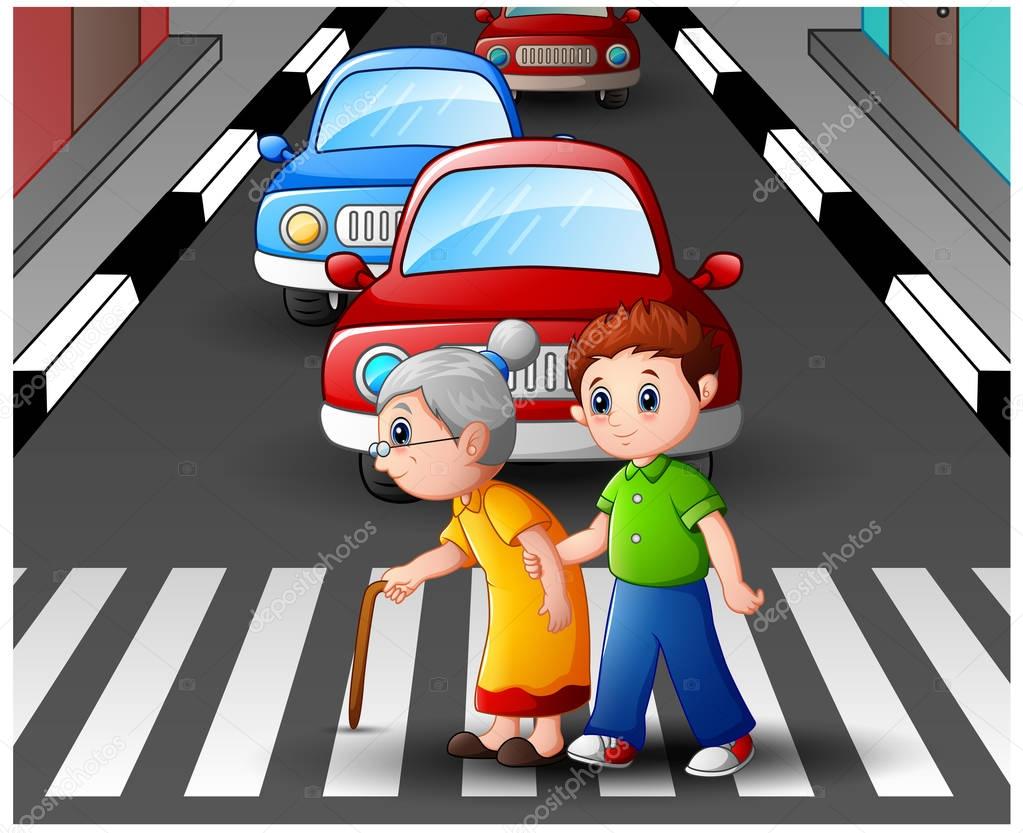 Cartoon boy helps grandma crossing the street