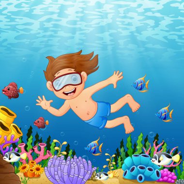 Cartoon boy swimming in the sea with fish clipart