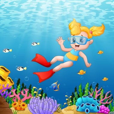 Su altında balık Yüzme çizgi film kız