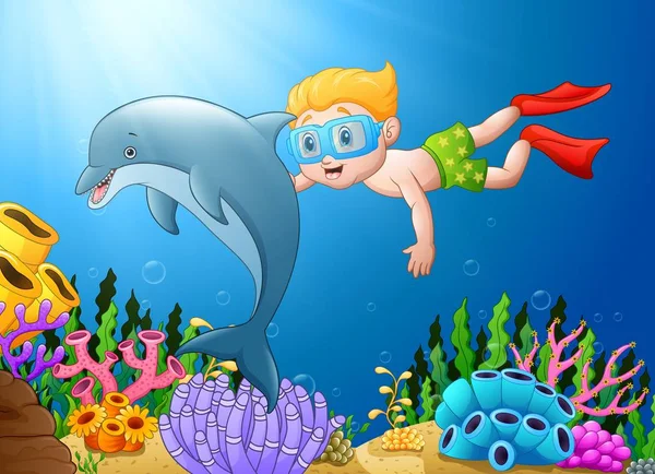 Мультяшний хлопчик занурюється в море з дельфіном — стоковий вектор