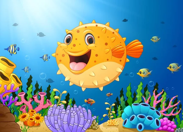 Peixe-balão dos desenhos animados com vida marinha — Vetor de Stock