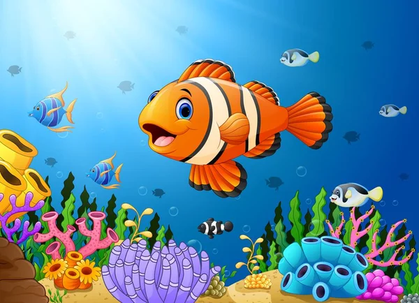Cute clown fish cartoon in the sea — Stock Vector