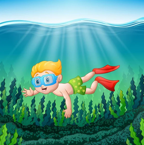 Dessin animé garçon plongée sous-marine — Image vectorielle