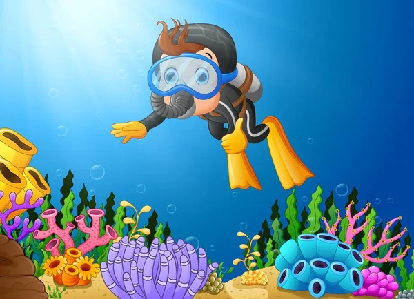 Dessin animé garçon plongée dans la mer — Image vectorielle