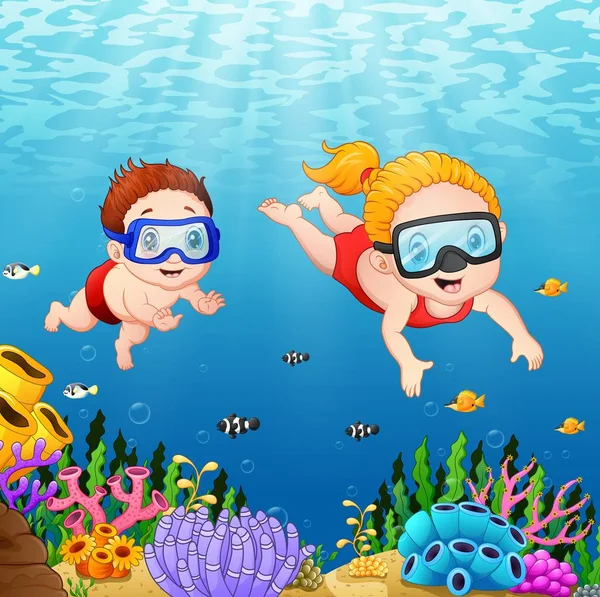 Dibujos animados niños buceo bajo el agua — Vector de stock