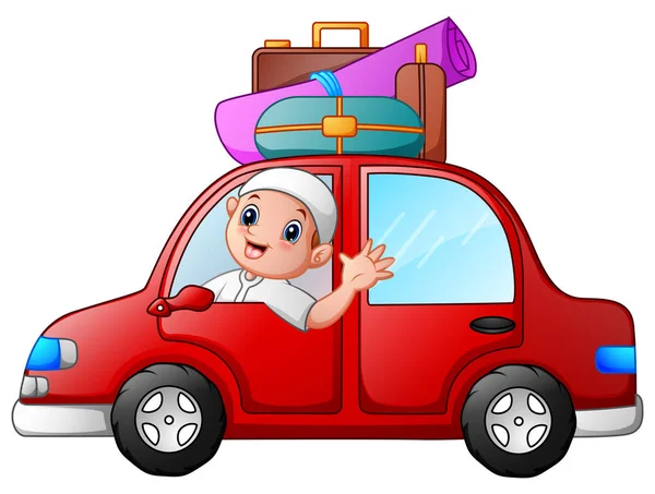 Happy muslim kid in the red car — Stock Vector