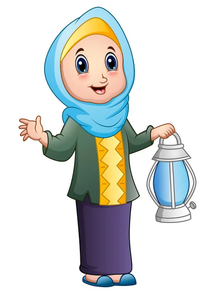 Kartun muslim gadis memegang lentera - Stok Vektor