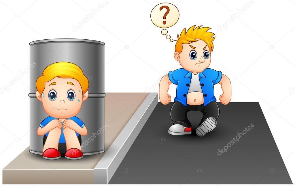 A frightened kid hiding behind a barrel Because disturbed naughty child