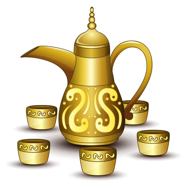 Gold teapot cartoon with some cup — Stock Vector