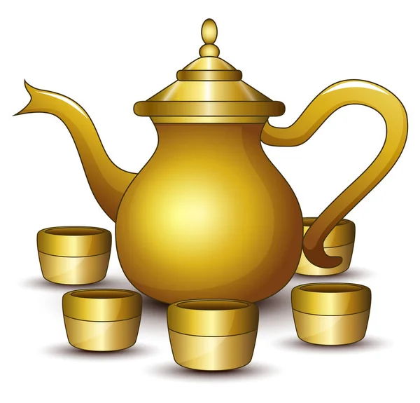 Gold teapot cartoon with some cup — Stock Vector