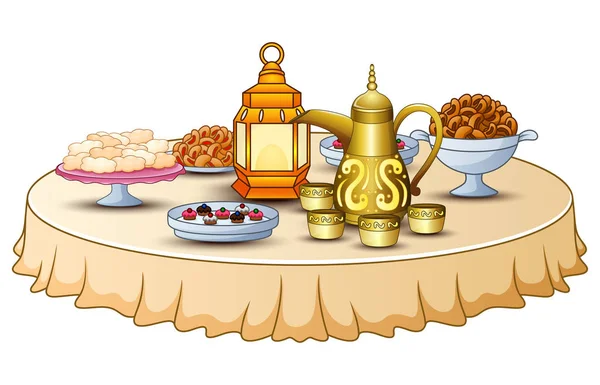 Délicieux menu pour la fête iftar sont sur la table avec lanterne et théière d'or — Image vectorielle