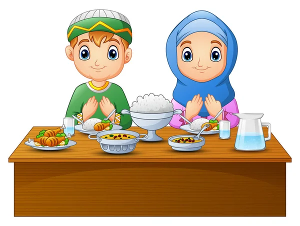Casal muçulmano criança rezando com sinal em branco —  Vetores de Stock