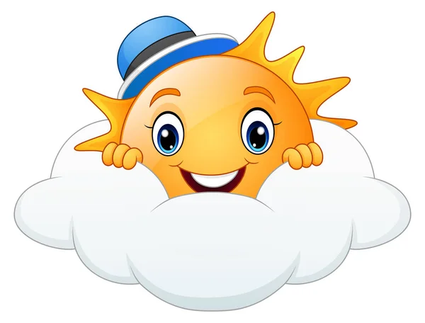 Sole sorridente cartone animato indossando cappuccio blu con nuvola — Vettoriale Stock