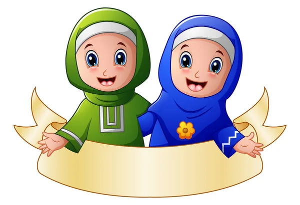 Muslimisches Mädchen-Paar umarmt sich mit leerem Schild — Stockvektor