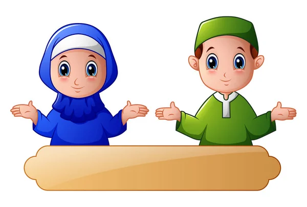 イスラム教徒の子供のカップルが手を振っている手し、空白記号でラマダンを祝う — ストックベクタ