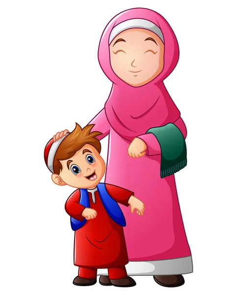 Una donna musulmana tiene la testa di suo figlio e pronta ad andare in moschea — Vettoriale Stock