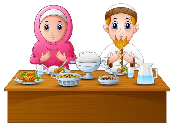 Muslim couple pray together before break fasting — Stock Vector