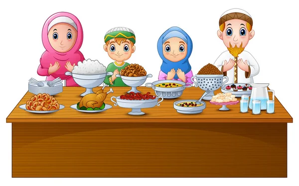 Muslim family pray together before break fasting — Stock Vector