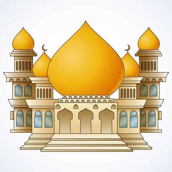 伊斯兰清真寺建筑与黄色圆顶和孤立的白色背景上的四个塔 — 图库矢量图片