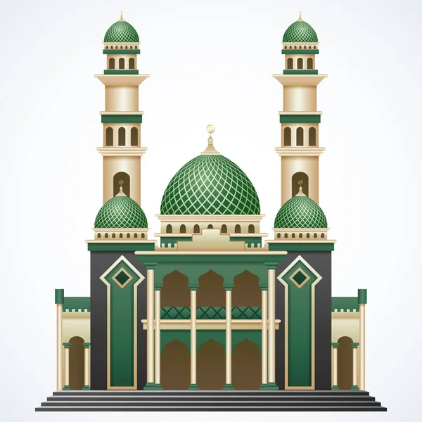 Bangunan masjid Islam dengan kubah hijau dan dua menara terisolasi dengan latar belakang putih - Stok Vektor